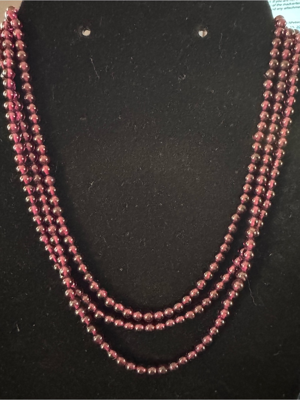Vintage Three-Strand Genuine Garnet Bead Necklace - Sterling Silver Clasp